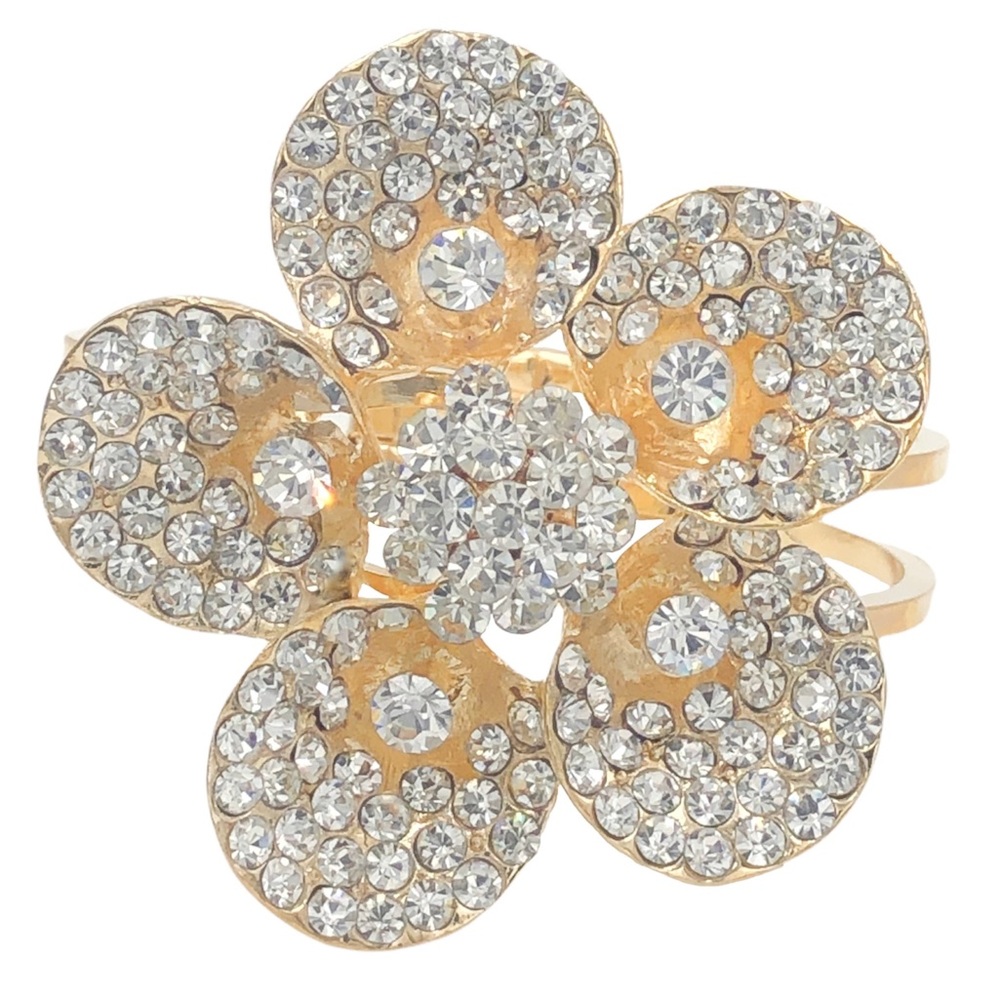 Large Shiny Gold Rhinestone Daisy Flower Hinged Bangle Bracelet